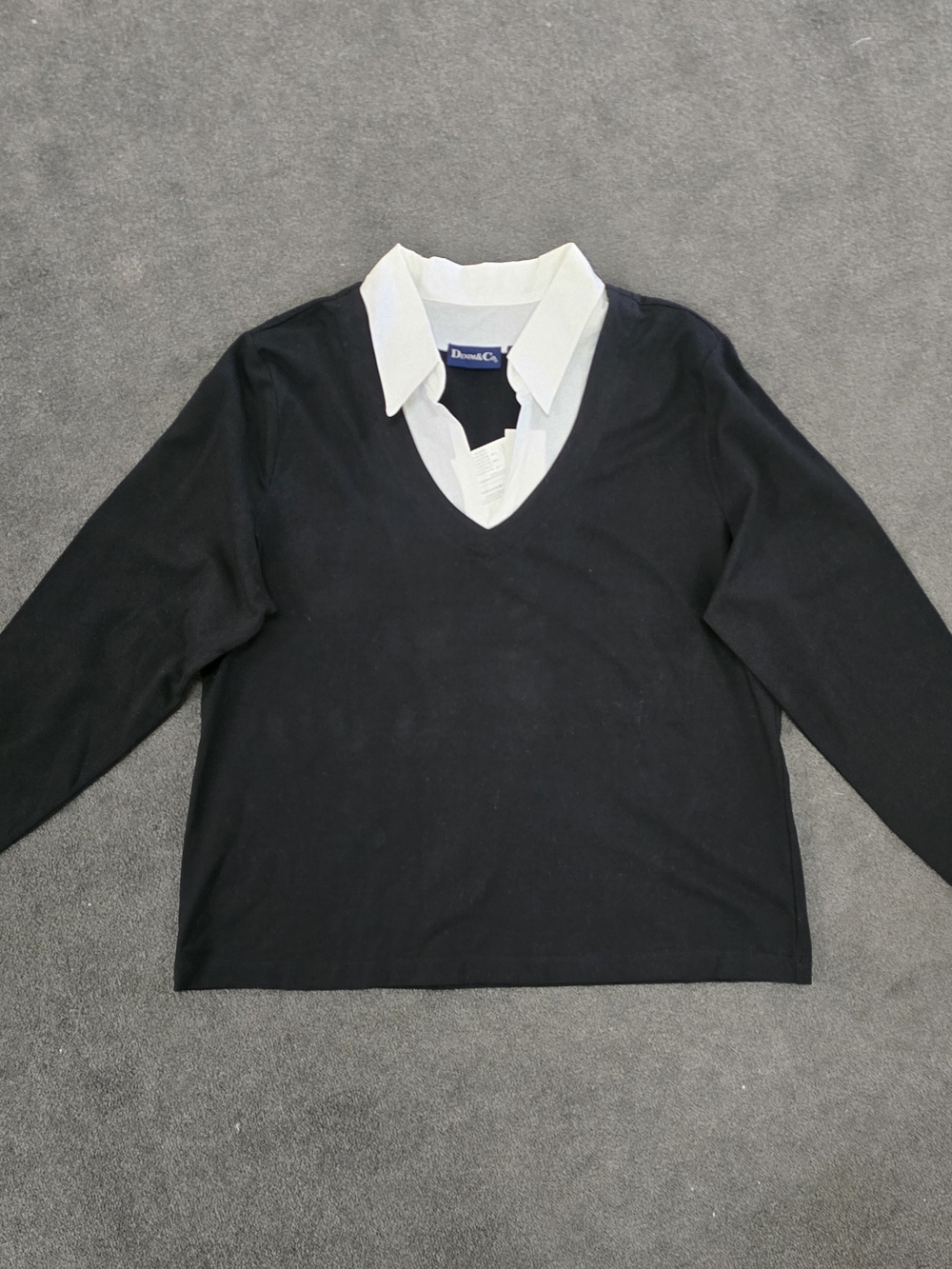 Denim & Co XL Black White Layered Look Collared V-Neck Top Long Sleeve